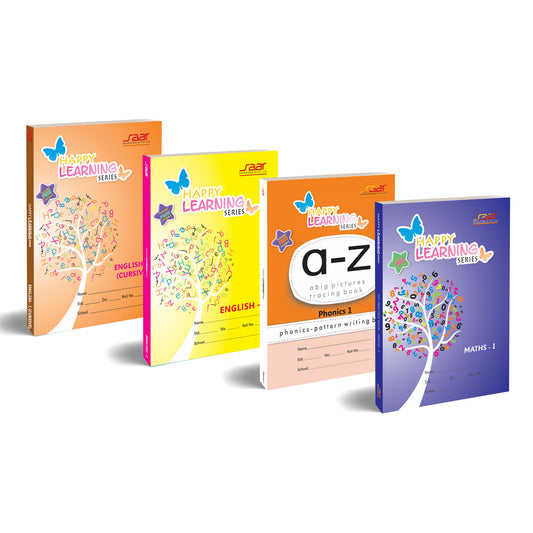 Happy Learning Series Bundle: English Cursive I + English I + A-Z Phonics 1 + Maths I